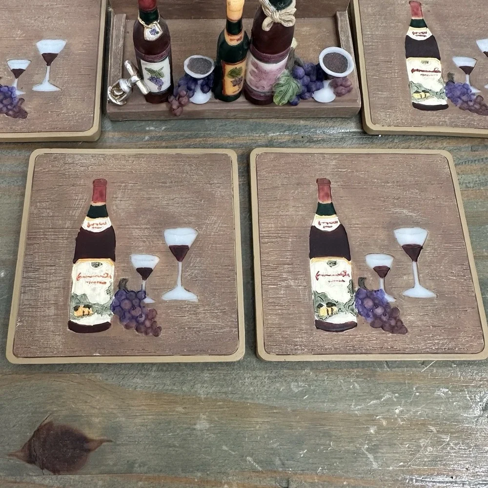 3D Wine Theme Set Of 4 Coasters Resin Holder Grape Vineyard Cork Backing